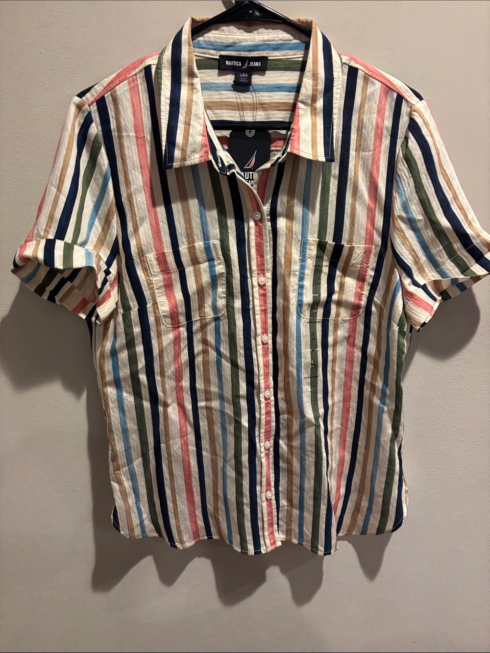 Nautica Short Sleeve Vertical Stripe Button-Down Shirt - Blue, Green, Red, Cream